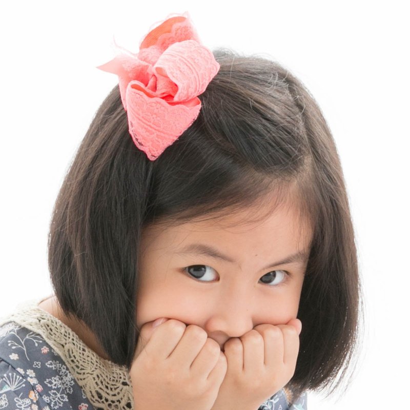 Cutie Bella 蕾絲蝴蝶結全包布 手工髮飾髮夾Lace Bow-Coral - 髮圈/髮夾 - 聚酯纖維 橘色