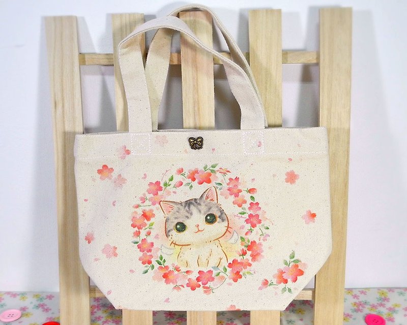 Sakura Meow Canvas Tote Bag / Lunch Bag (with Button) - กระเป๋าถือ - ผ้าฝ้าย/ผ้าลินิน สึชมพู