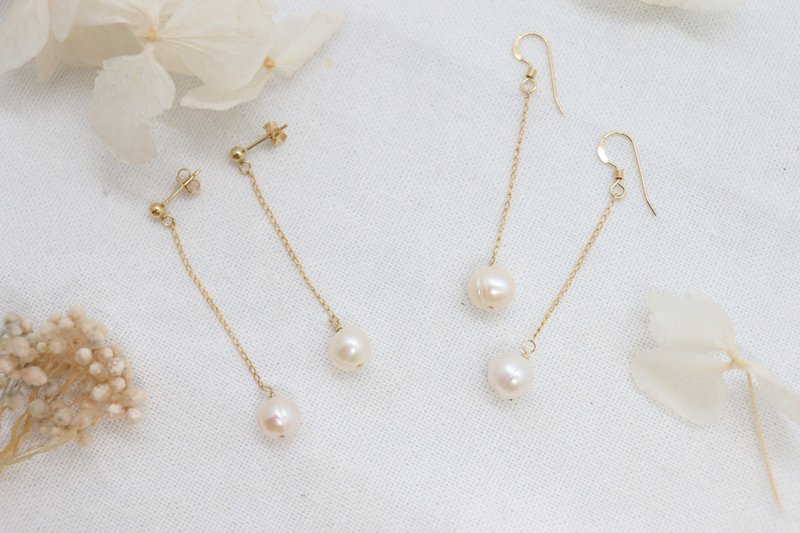 (14KGF) Handmade 8 mm Freshwater Pearl Drop Earrings Stunning Dangle Earrings - 耳環/耳夾/耳骨夾 - 珍珠 金色