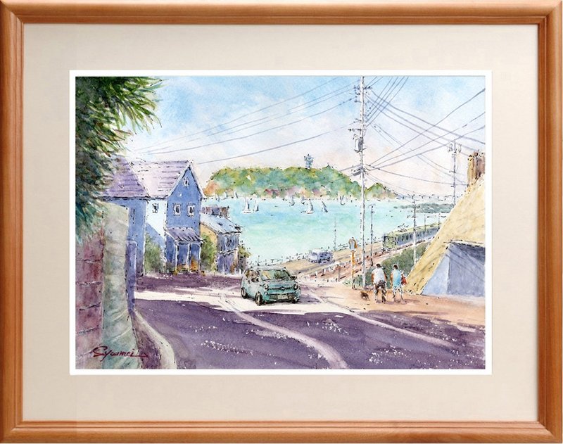 水彩画原画　緑の江の島と七里ガ浜２ - 海報/掛畫/掛布 - 紙 綠色