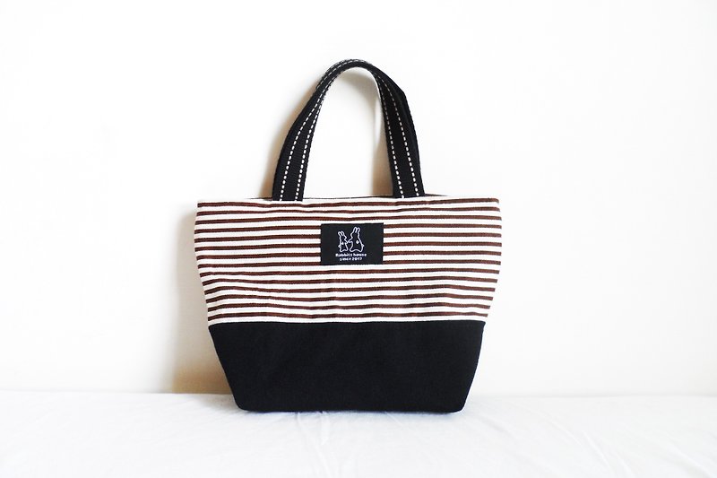 Striped handbag - กระเป๋าถือ - ผ้าฝ้าย/ผ้าลินิน สีนำ้ตาล