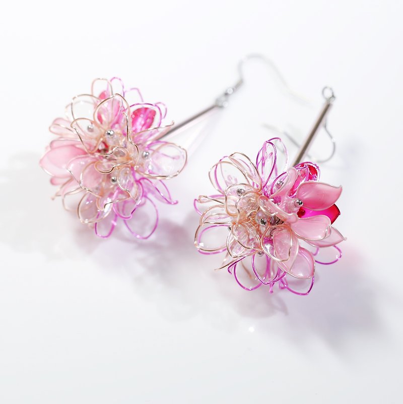 A pair of transparent pink hand-made jewelry earrings with flower ball - Earrings & Clip-ons - Resin Pink