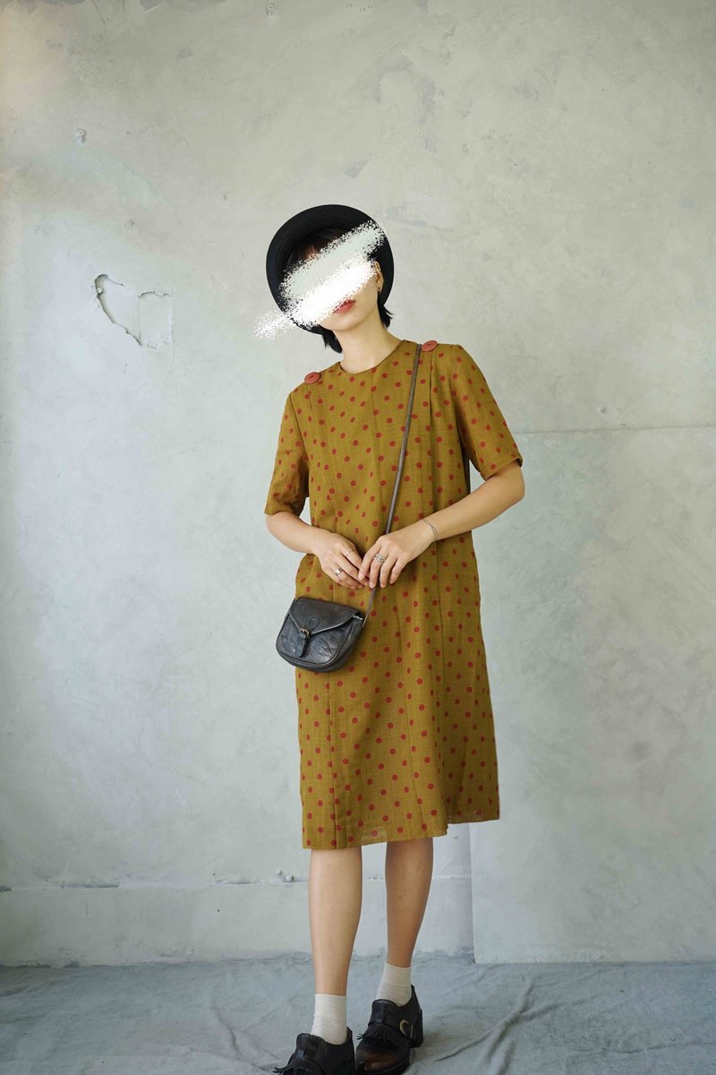 Treasure Hunt Vintage Clothes - Mustard Yellow Polka Dot Water Jade Retro Hline Straight Dress - ชุดเดรส - เส้นใยสังเคราะห์ สีส้ม