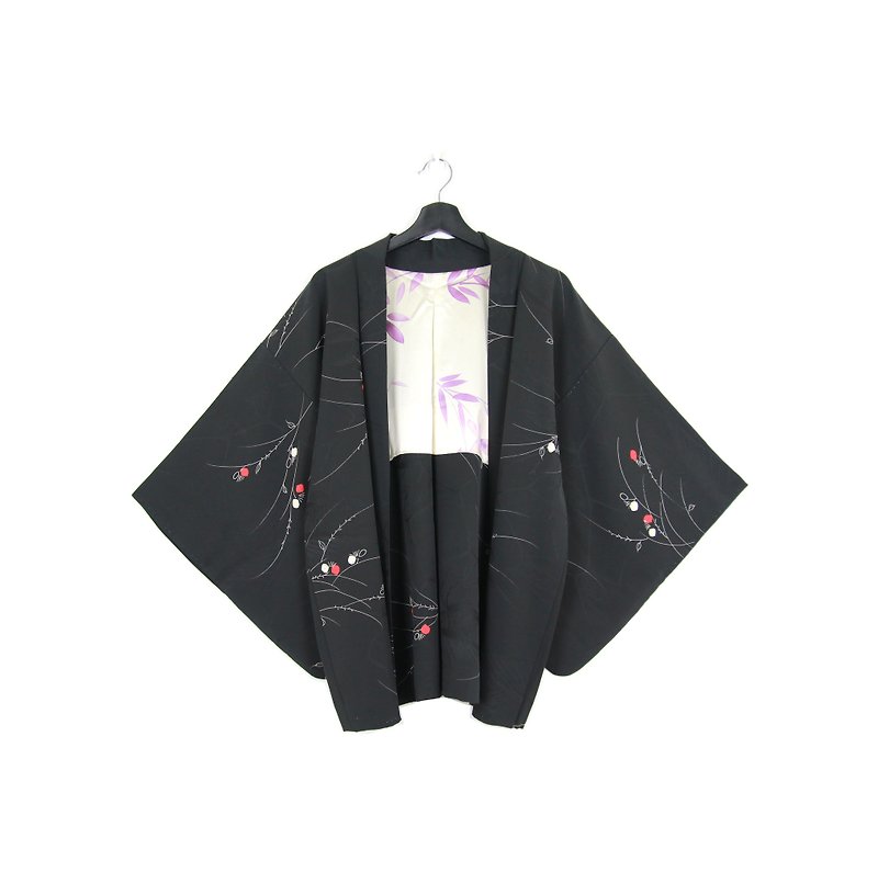 Back to Green :: Japan back to kimono plum black blood red flowers embellishment // men and women can wear // vintage kimono (KI-142) - Women's Casual & Functional Jackets - Silk 
