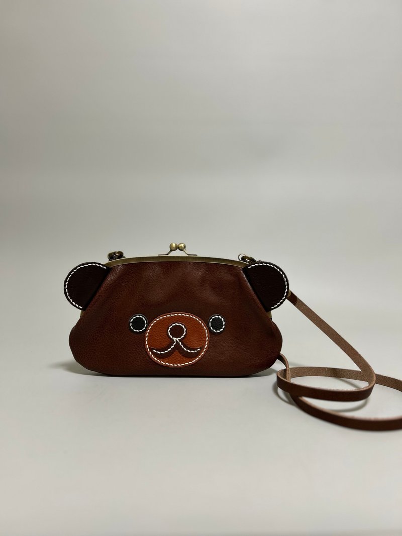 Himeji Leather 2-way parent-child pouch for cellphone/dark brown Kuma-chan cross - กระเป๋าแมสเซนเจอร์ - หนังแท้ สีนำ้ตาล