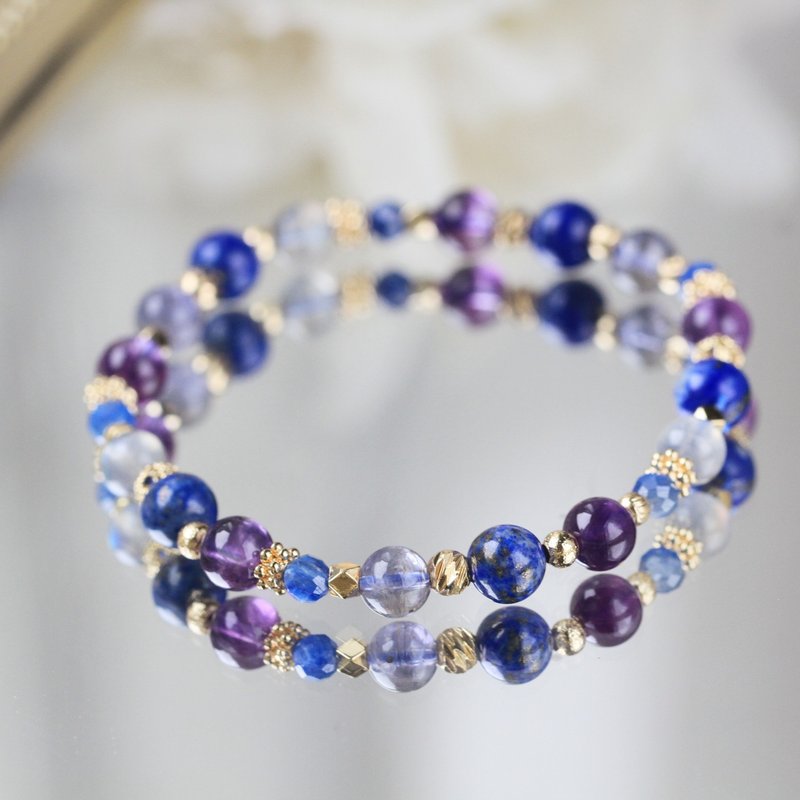 Iolite lapis lazuli amethyst labradorite crystal bracelet to attract wealth, wisdom, exam, relieve stress and health - สร้อยข้อมือ - คริสตัล สีน้ำเงิน