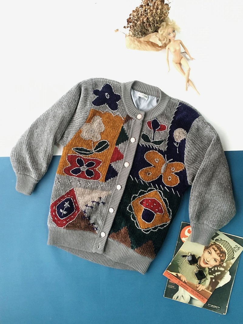 4.5studio- vintage treasure hunt - warm gray collage flowers hand-knit sense corduroy jacket - Women's Sweaters - Wool Gray