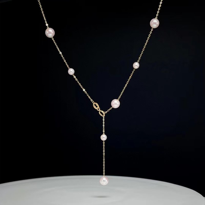 兩戴款滿天星Akoya天然珍珠真珠珍珠項鍊18K金項鍊 - 項鍊 - 珍珠 金色