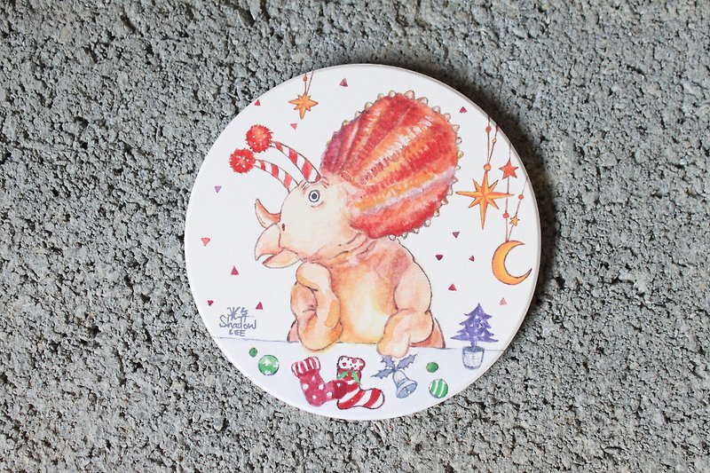Triceratops Christmas ceramic coaster for choosing gifts - Coasters - Pottery White