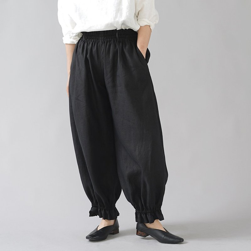 wafu - 亞麻褲子 Linen Pants with Extremely Gathered HemBlack b006f-bck1 - パンツ レディース - フラックス ブラック