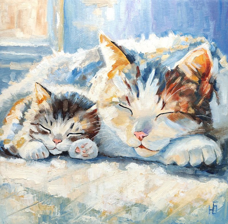 Sleeping Cat and Kitten Original Oil Painting Cute Pet Portrait Art 手工油畫, 油畫原作 - 海報/掛畫/掛布 - 其他材質 多色