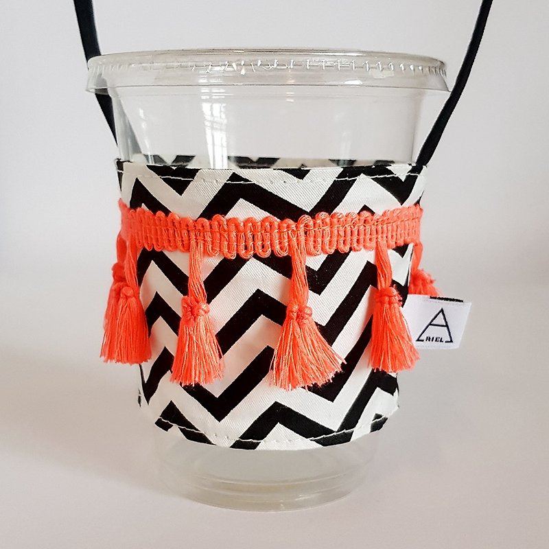 Geometric black and white orange wool tassels drink cup bag - Beverage Holders & Bags - Cotton & Hemp Orange