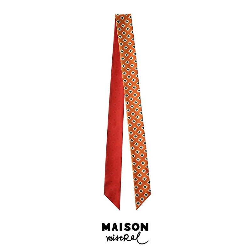 Maison Mistral 藝術家原創插畫經典系列  橘紅色真絲長絲巾綁包 - 絲巾 - 絲．絹 橘色
