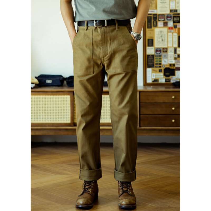 工裝褲 軍綠色 OG-107 美軍公發 P41 HBT魚骨紋 12oz 未脫漿 - 男長褲/休閒褲 - 棉．麻 綠色