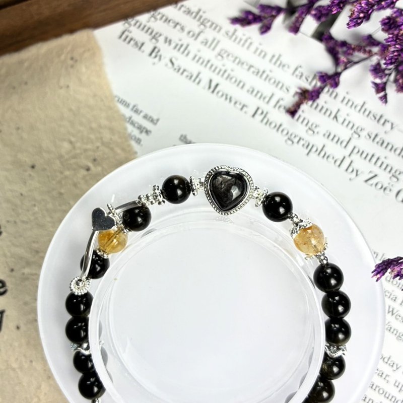 Original Design | Obsidian Heart Natural Crystal Bracelet | Golden Labradorite, Citrine, Black Obsidian | Energy Water - สร้อยข้อมือ - คริสตัล สีดำ