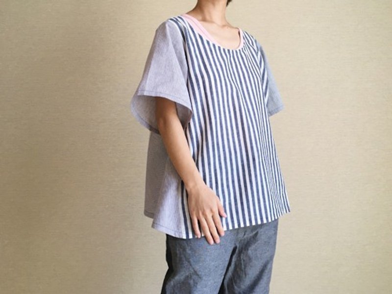 Loose shirt fabric T-shirt 006 (gray x purple) - Women's Tops - Cotton & Hemp Gray