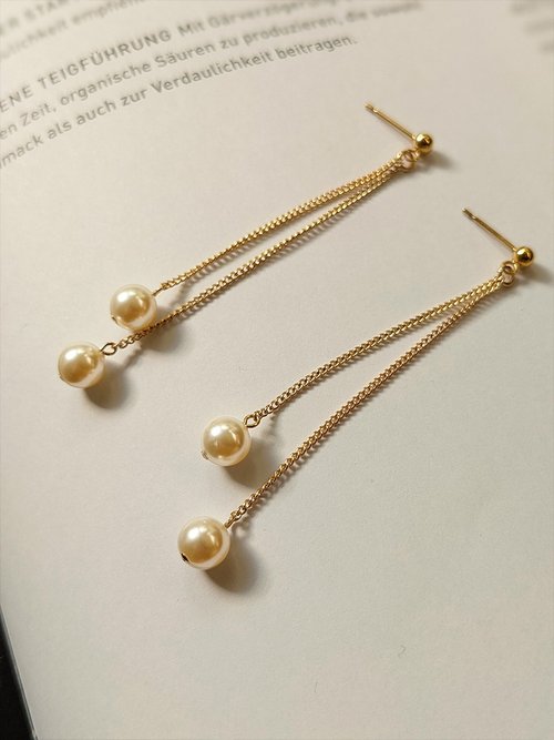 Bloom Jewellery手工輕珠寶 美國14k注金(14KGF) 施華洛世奇水晶珍珠雙垂墜耳環│水洗不褪色