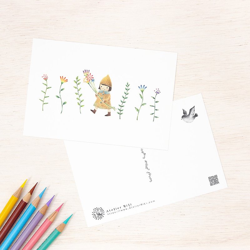 Set of 5 pieces. Like a picture book. Postcard "Girl with flowers" PC-26 - การ์ด/โปสการ์ด - กระดาษ สีเหลือง