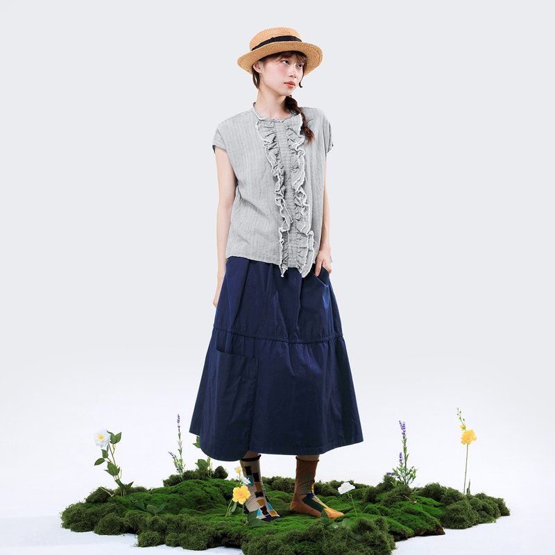 窪地U型低口袋鬆緊細褶裙 - 裙子/長裙 - 棉．麻 藍色