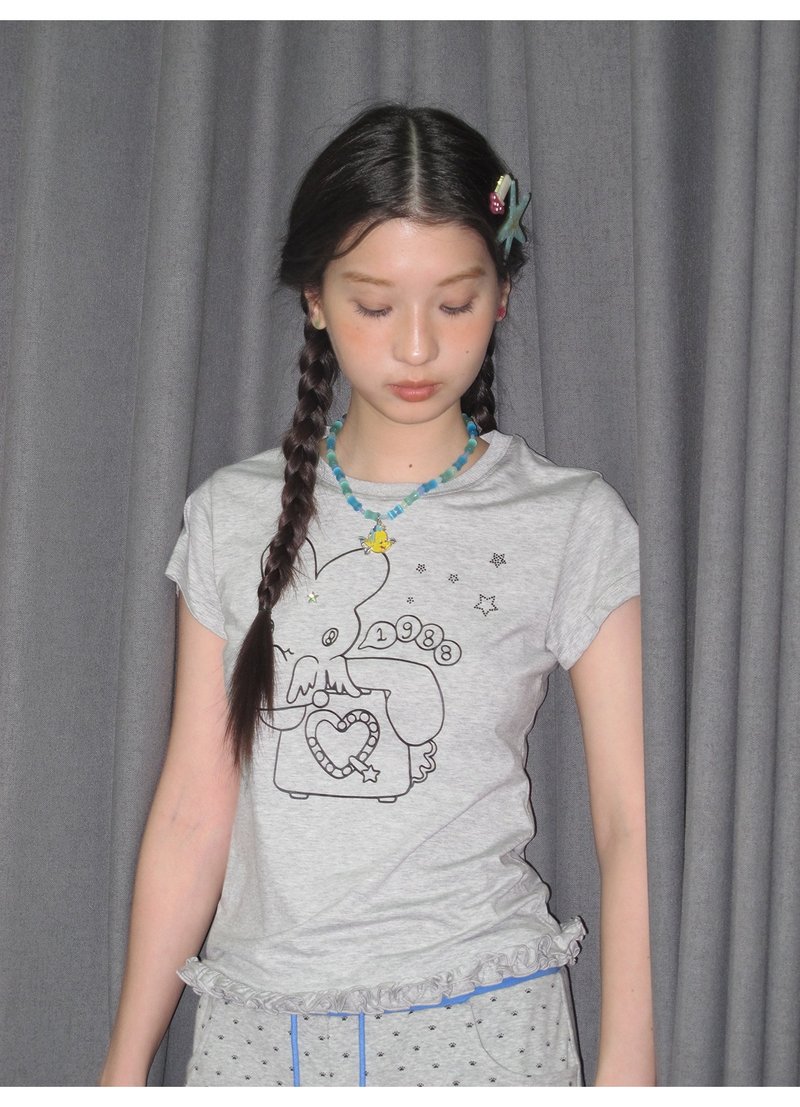 oddmaker*聯名燙銀貼鑽花邊短袖T恤女夏季圓領插畫上衣 - 女 T 恤 - 棉．麻 