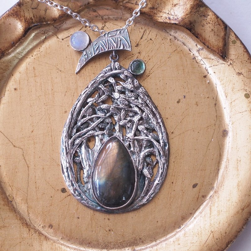 創意銀飾 拉長石 月光石 電氣石 手工純銀項鍊 獨一無二 - 項鍊 - 半寶石 多色