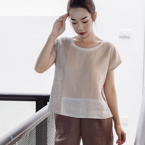 Candith Natural Linen Short sleeves Top Minimal Top - Multicolor Beige Nude Natural