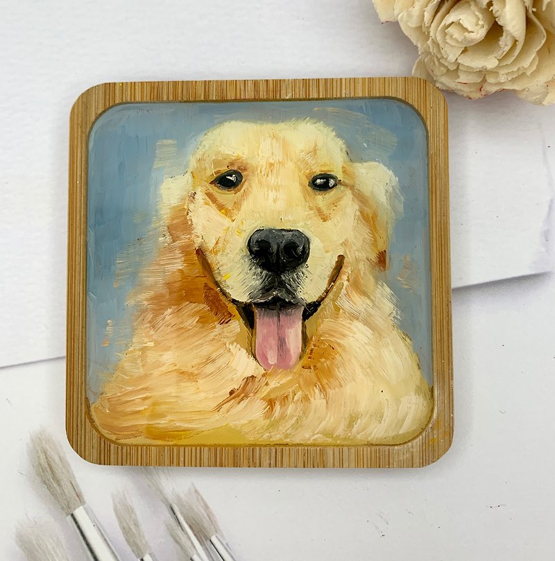 Customized pet coaster 9*9*1cm handmade oil portrait - ภาพวาดบุคคล - ไม้ 