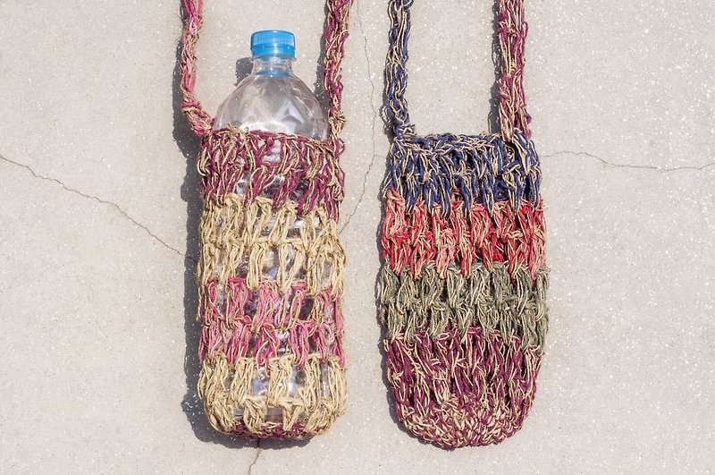 Hand Linen rope bottle holder / bottle line Linen hand bag / bags thermos / beverage bag - cotton, Linen rainbow stripes - Beverage Holders & Bags - Cotton & Hemp Multicolor
