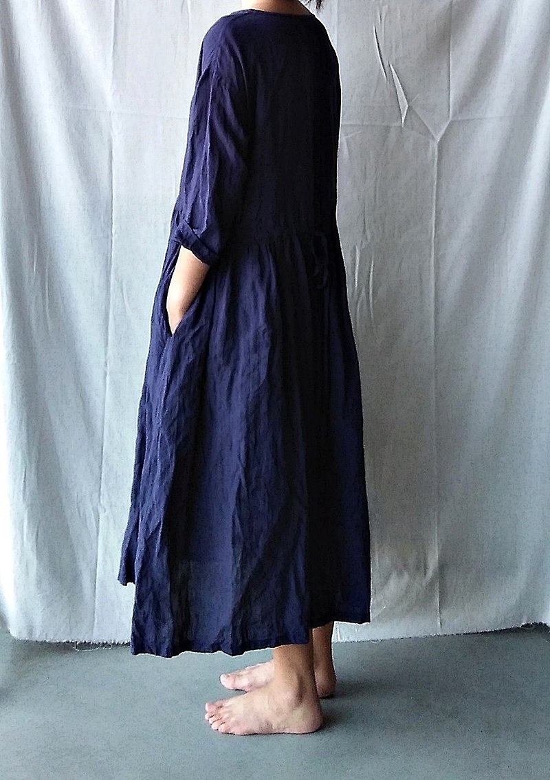 Feliz & Recap [ 抽繩兩穿連衣裙 ] 亞麻 深藍偏藍紫 - 洋裝/連身裙 - 棉．麻 