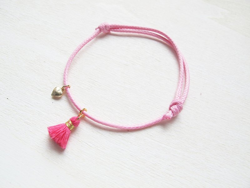 Rosy Garden  Tassel with tiny charm pink wax rope hand Strap - Bracelets - Other Materials Pink
