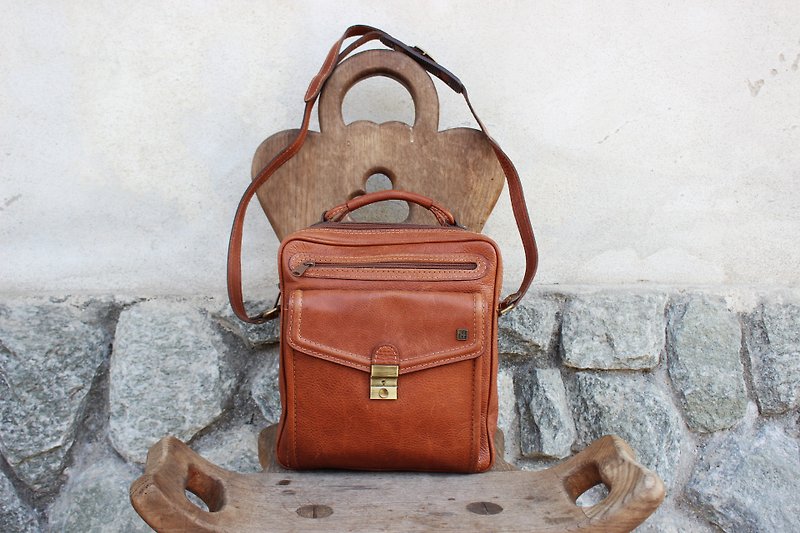 B138 [Vintage Bag] (Italian) Coffee Handbag Shoulder Bag - กระเป๋าแมสเซนเจอร์ - หนังแท้ สีนำ้ตาล
