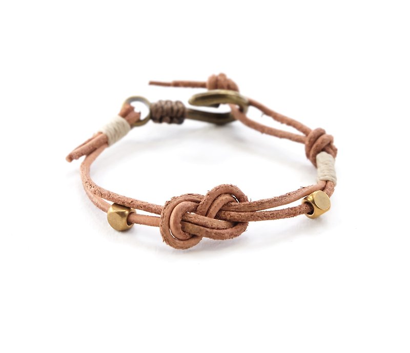 Infinity knot genuine leather in natural tan brass hook bracelet - สร้อยข้อมือ - หนังแท้ สีนำ้ตาล