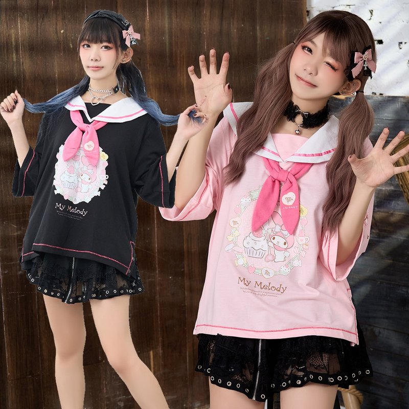 オリジナルサンリオ SANRIO公認 メロディタイスリットセーラーカラーうさ耳半袖Tシャツ JJ5024 - Tシャツ - コットン・麻 