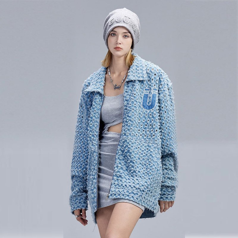 Blue hole in denim jacket female design emotional couple small sweet wind coat - เสื้อแจ็คเก็ต - ผ้าฝ้าย/ผ้าลินิน 