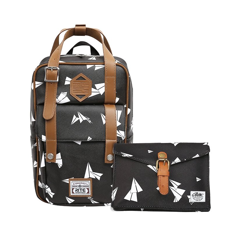 【New Year's first - Flush Promotion】 Twin Series | Roaming Pack (M) x Walking Bag (Horizontal) - Paper Plane - กระเป๋าเป้สะพายหลัง - หนังแท้ สีดำ
