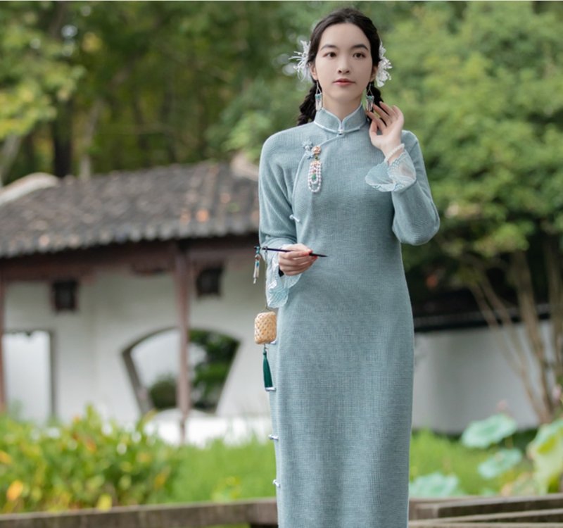 Qingshan Dai Chinese retro Republic of China style high-end knitted cheongsam - Qipao - Other Materials Blue