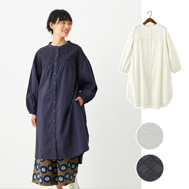 【預訂】印度製 菱格刺繡長袖連身裙 - 洋裝/連身裙 - 棉．麻 藍色