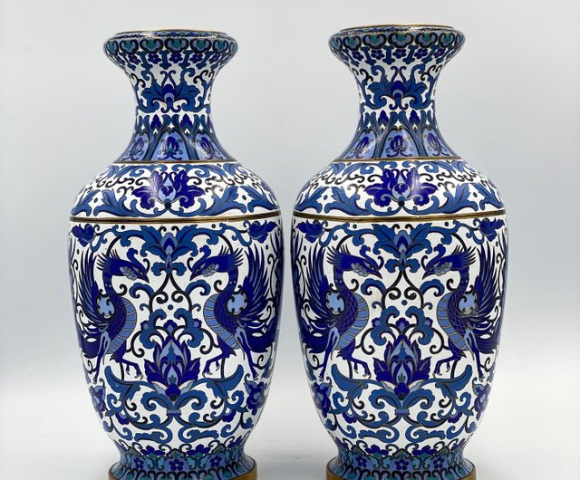 仿古花瓶景泰藍|成對的青銅藍色花瓶|中式花瓶 - ショップ HappyDuckVintage その他の家具 - Pinkoi
