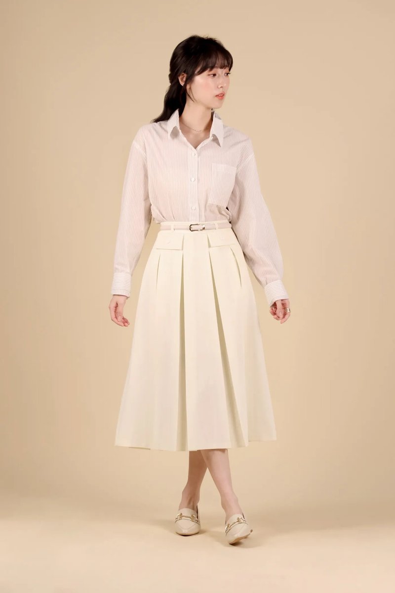 Elegant Leather Belt Temperament Pleated Skirt—White - กระโปรง - เส้นใยสังเคราะห์ ขาว