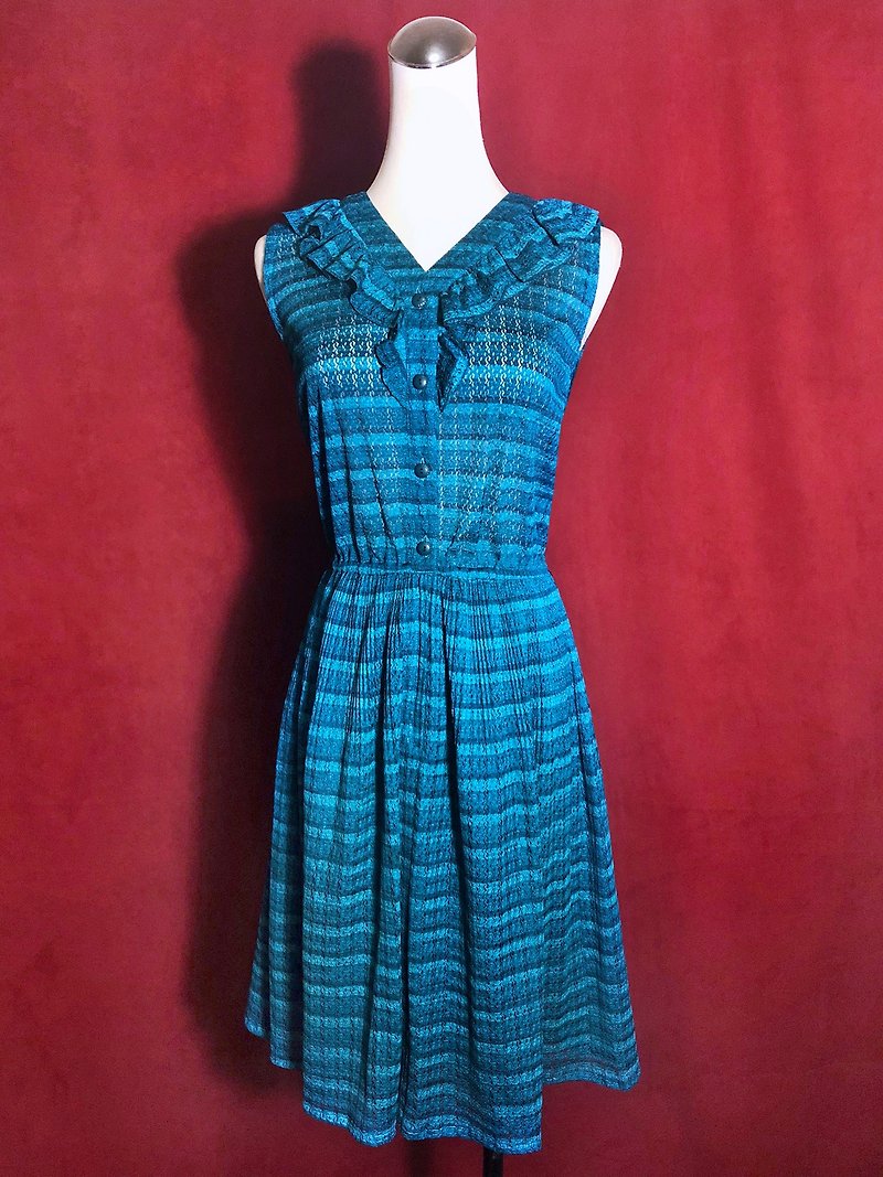 Marine ruffled textured sleeveless vintage dress / brought back to VINTAGE abroad - ชุดเดรส - เส้นใยสังเคราะห์ สีน้ำเงิน