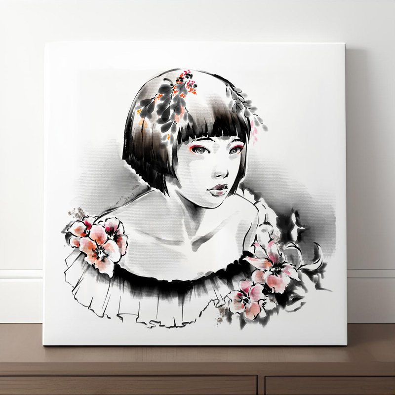 Black and White Sumi-e Portrait of Women Canvas Print for Living Room or Bedroom - Wall Décor - Paper White