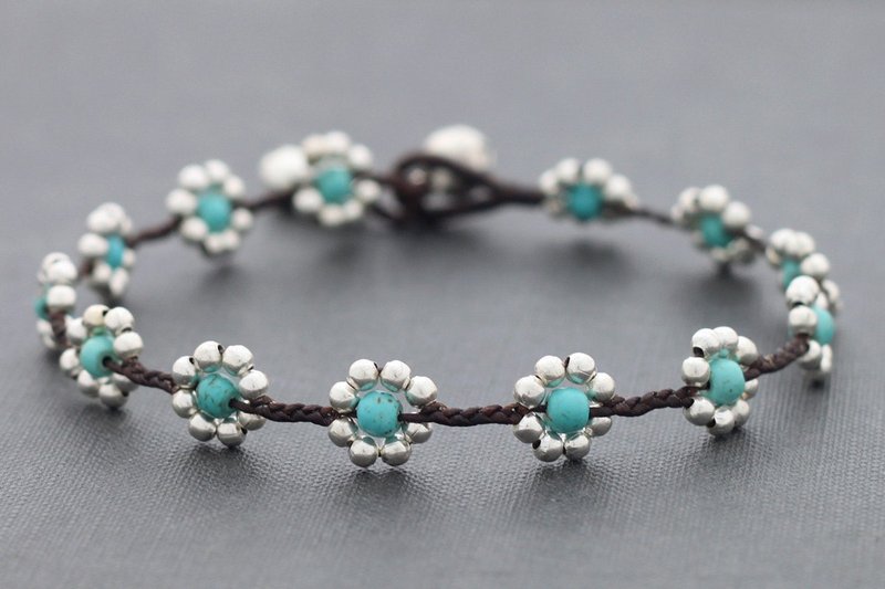 Daisy Anklets Turquoise Silver Anklets Beaded Braided Boho Gypsy Hippy Yoga - กำไลข้อเท้า - ทองแดงทองเหลือง สีเขียว