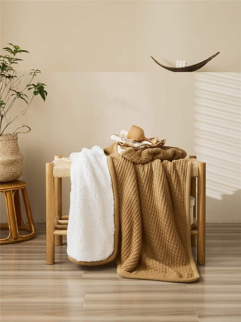 針織羊羔絨毛毯焦糖拿鐵 - 棉被/毛毯 - 棉．麻 橘色