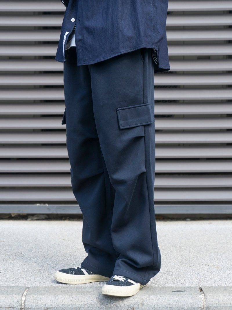 Pants 藏青色工裝 衛衣面料衛褲 垂墜感寬松直筒松緊腰圍 - 男長褲/休閒褲 - 其他材質 
