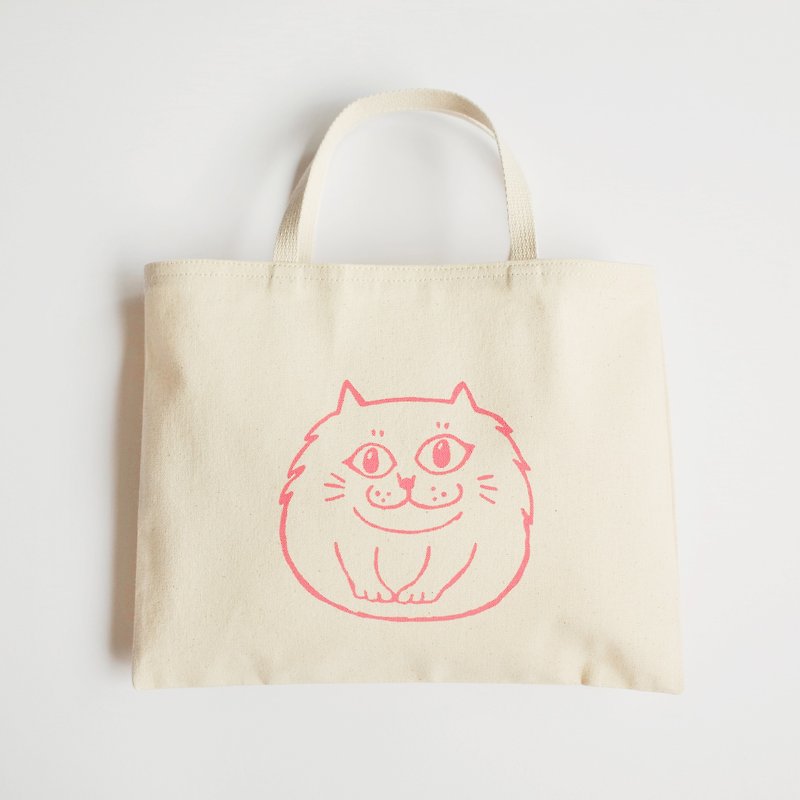 Handmade / Canvas Tote Bag / Eco Bag / Two-cup Beverage Bag / Smiling Persian Cat / On Sale - กระเป๋าถือ - ผ้าฝ้าย/ผ้าลินิน สึชมพู