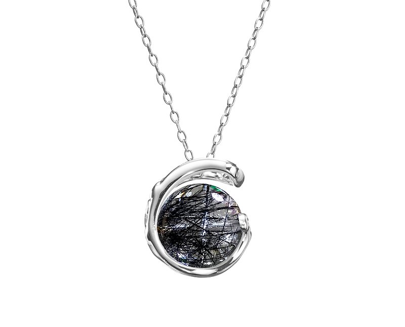 Rutilated quartz Sterling Silver Necklace, Birthstone Jewelry, Grey Gemstone - สร้อยคอทรง Collar - เงินแท้ สีดำ