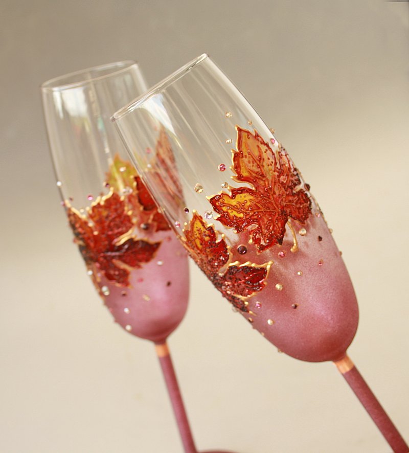 Autumn Leaves Champagne Glasses Fall Wedding Gift Set of 2 - 酒杯/酒器 - 玻璃 多色