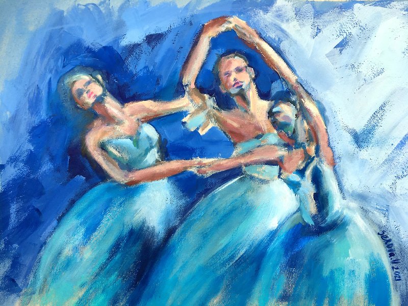 Ballerina Impressionist Oil Painting Original Hand Painted - 壁貼/牆壁裝飾 - 紙 藍色