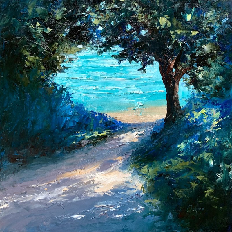Original Ocean Artwork Trees Landscape Oil Painting On Canvas Contemporary Art - 壁貼/牆壁裝飾 - 棉．麻 多色