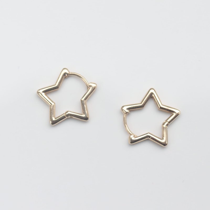 14K Gold Star Lock Earring gold star earrings (inner diameter 11mm) - ต่างหู - เครื่องประดับ สีทอง